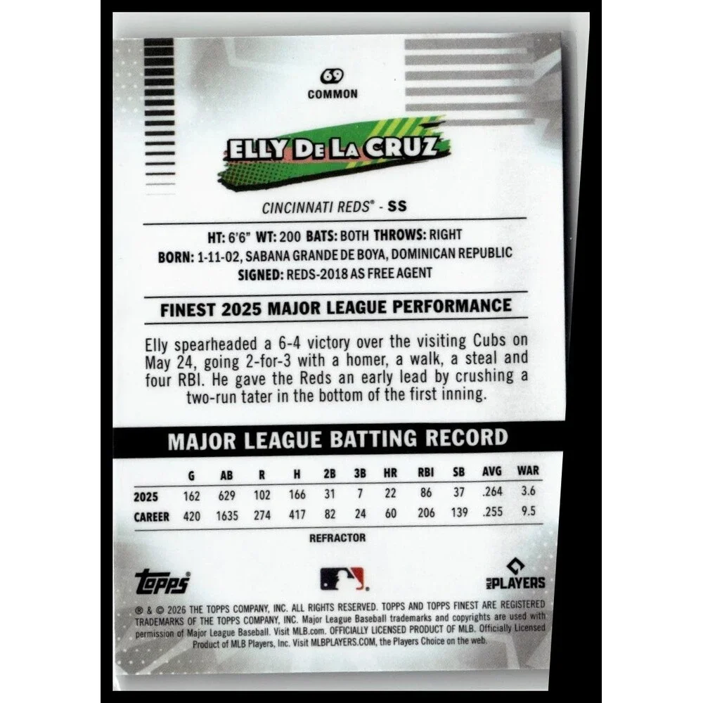 Topps 2026 Finest } Elly De La Cruz CIN Base Common Refractor